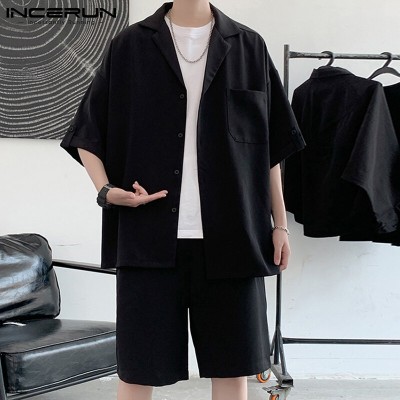 INCERUN男式短袖韩式休闲西装纽扣衬衫弹性腰间短裤套装（韩式）